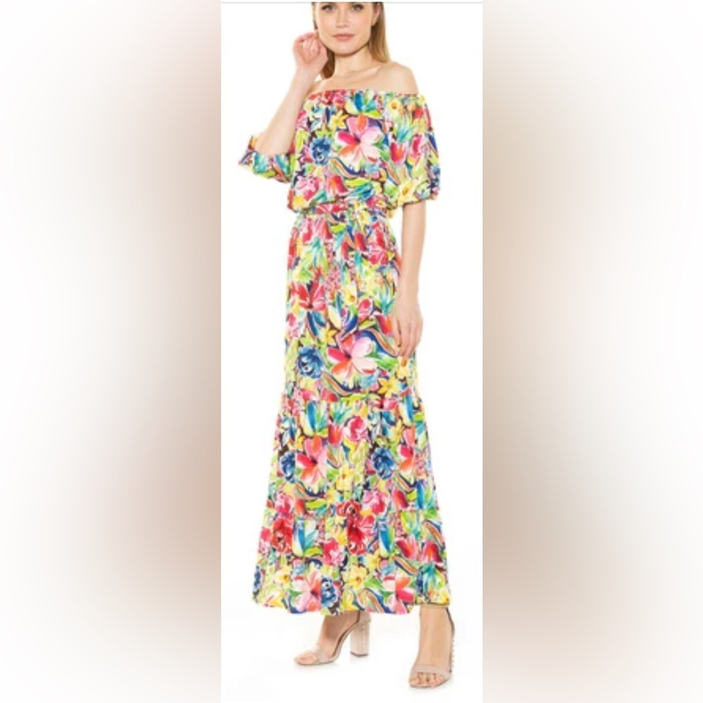 Alexia Admor Multicolor Floral Maxi Off-Shoulder Dress, no belt. Size Large. EUC